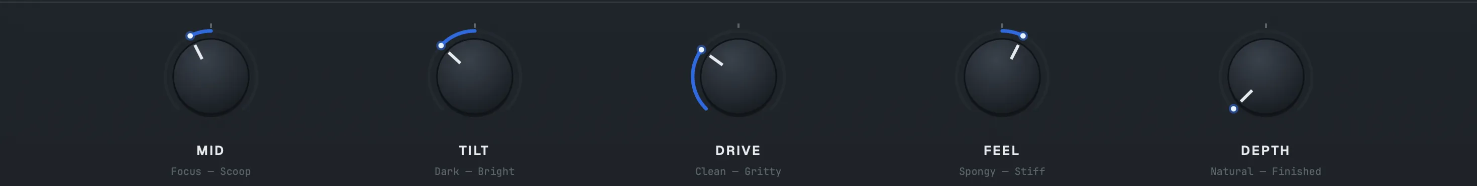 MID, TILT, DRIVE and FEEL knobs from the Speakers 2.0 interface