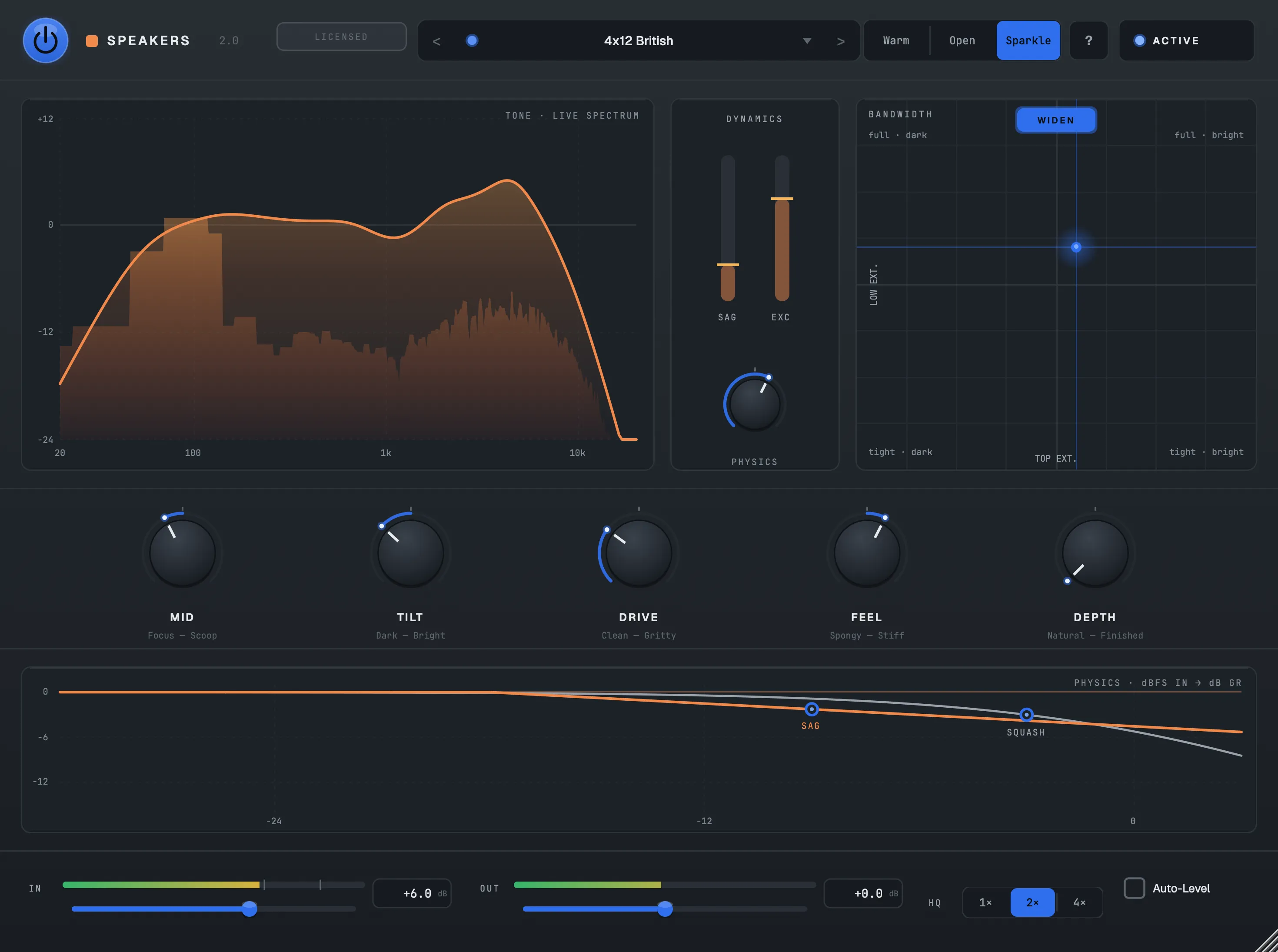 Speakers 2.0 — the Graphite Console interface with a live response curve and spectrum