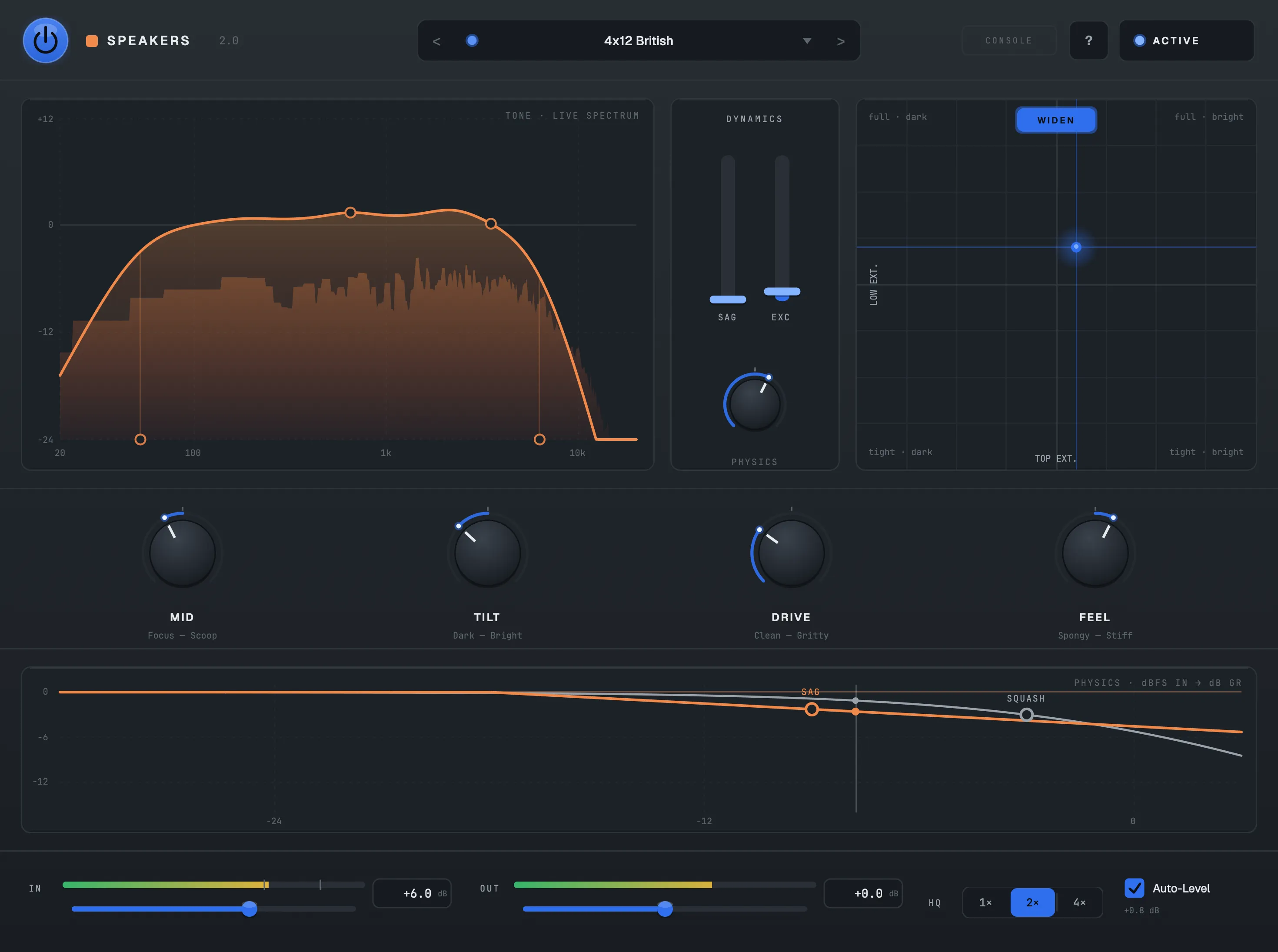 Speakers 2.0 — the Graphite Console interface with a live response curve and spectrum